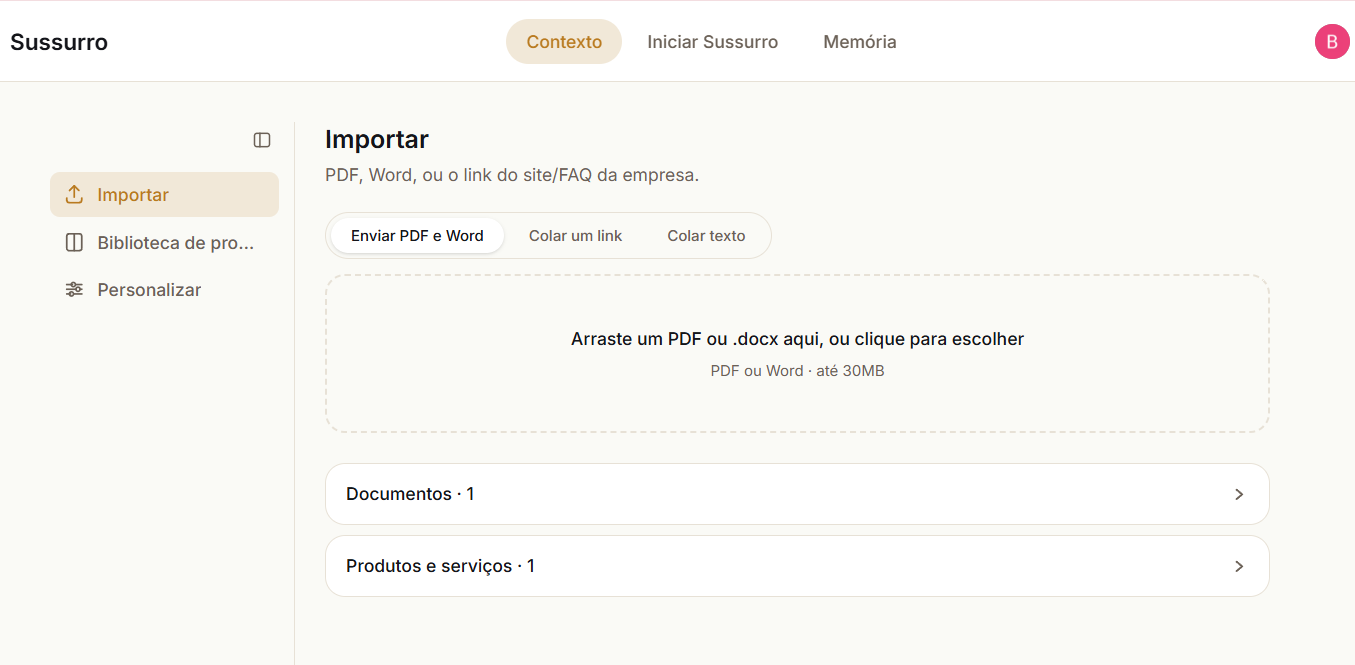 Tela da Base de conhecimento do Sussurro, com documentos indexados