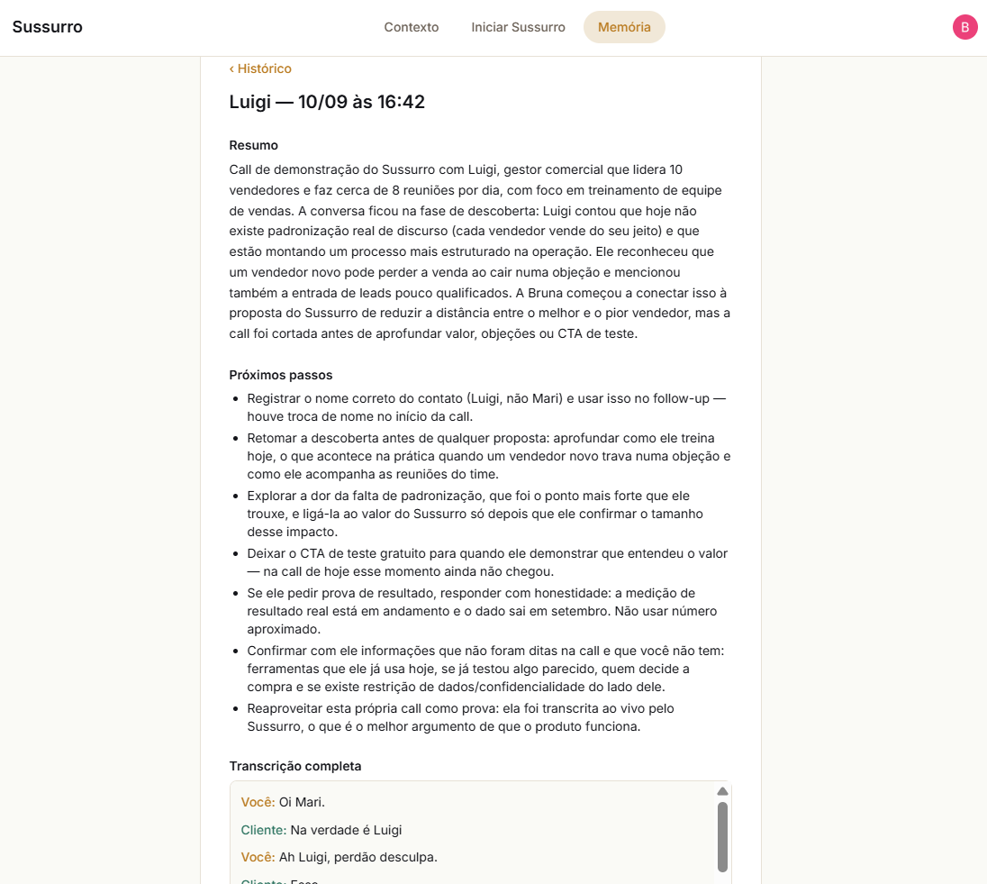 Resumo e e-mail de follow-up de uma reunião no Sussurro